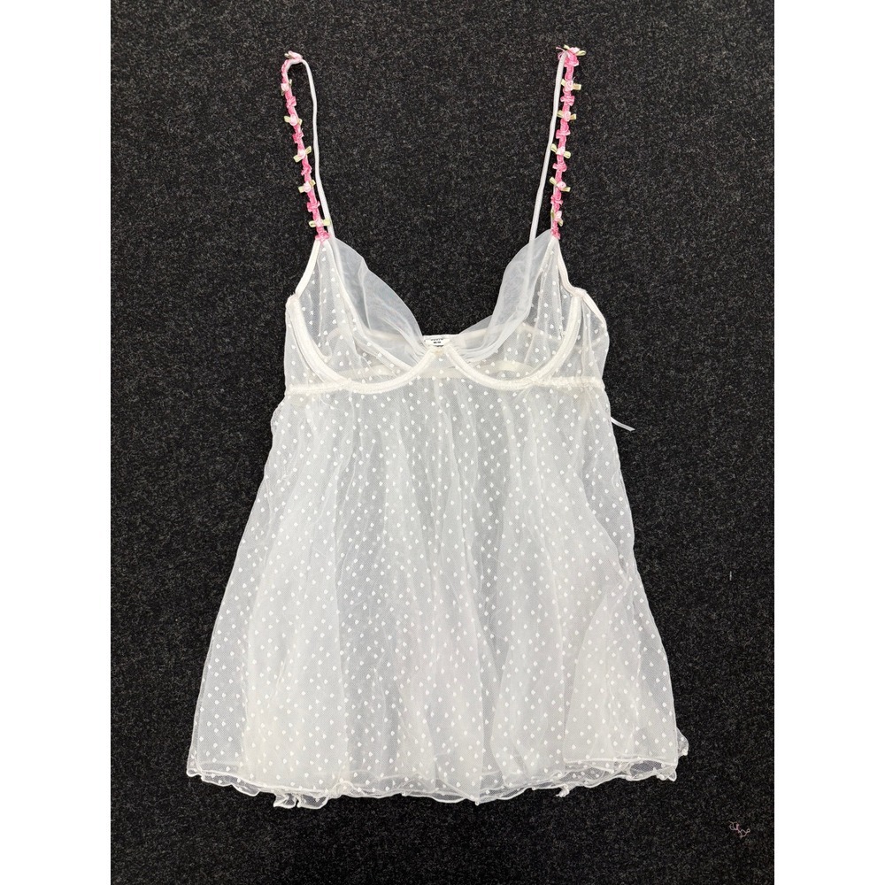 Y2K Escante Fairycore White Polka Dot Babydoll Slip with Floral Straps size Med
